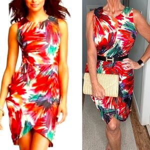 Ann Taylor Sheath Peplum Dress Abstract Vibrant Print Sleeveless Pin Tuck Detail
